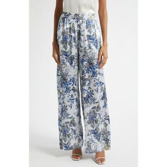 L'agence Lillian Butterfly Print Wide Leg Silk Pants in Grey Multi Watercolr Butterfly at Nordstrom, Size X-Large