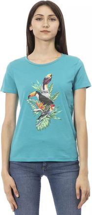 Trussardi Womens Bird Print Tshirt Tr23041 - Turquoise Cotton - Size X-Small
