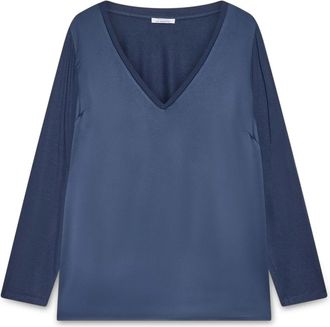 Fiorella Rubino T-shirt met V-hals van twee materialen - Dames - Blouses - Blauw - S - Polyester - Overhemden