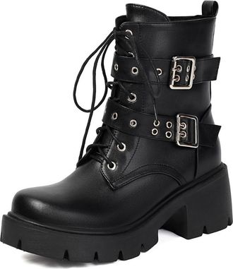 Generic Womens Edgy Ankle Boots with Multiple Buckle Straps Lace-Up Zipper Chunky Platform Heels PU Leather Comfortable Anti-Slip Wear-Resistant for Daily Cas