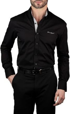 Karl Lagerfeld Trim Fit Log Embroidered Cotton Dress Shirt in Black at Nordstrom Rack, Size 15