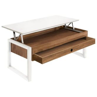 HOGAR 24 Mesa Centro Elevable Caj&oacute;n Deslizante Madera Color Encerado y Blanco