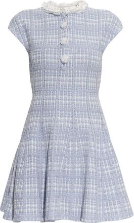Self Portrait Kleedjes, Dames, Blauw, XS, Leer, Check Knit Beaded Mini Jurk