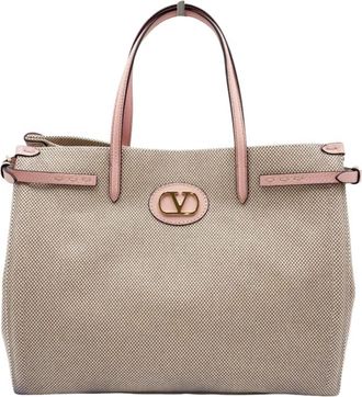 Valentino Garavani Beige Pink Canvas Leather Handbag Shoulder Bag Tote Bag (Pre-Owned)