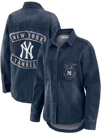 WEAR by Erin Andrews Womens WEAR by Erin Andrews Denim New York Yankees Washed Oversized Denim Full-Snap Shacket at Nordstrom, Size X-Large