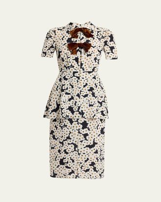 Valentino Garavani Daisy-Print Silk Bow-Front Peplum Shirtdress