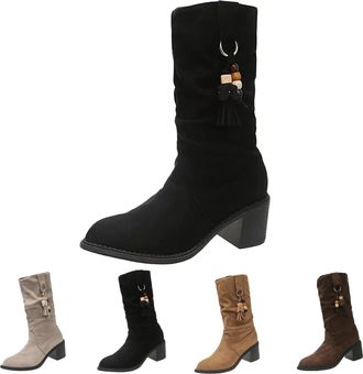 Generic Womens Pointed Toe Mid Calf Boots Slouchy Comfort Chunky Block Heel Shoes Winter Faux Suede Rouched Boots Ladies Non-Slip Rubber Pull On Shoes Black