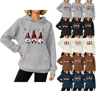 Generic Womens Christmas Hoodie UK Ladies Waffle Hooded Pullover Gnome Sweatshirt Xmas Drawstring Hoodies Snowflakes Tunic Tops Novelty Jumpers Activewear Par