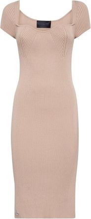 Philipp Plein Gebreide Midi Jurk - Dames - Kleedjes - Beige - L - Polyester - Kleedjes