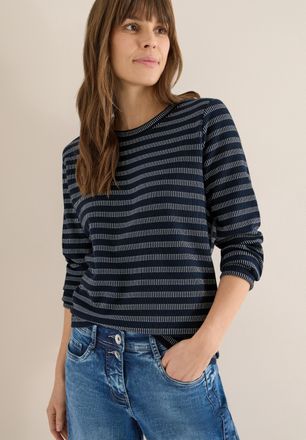 Cecil Langarmshirt CECIL, Damen, Gr. XXL (46), universal blau, Jersey, Obermaterial: 55% Baumwolle, 37% Polyester, 5% Viskose, 3% Elasthan, gestreift, beque