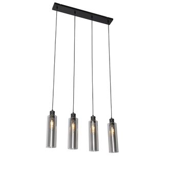 QAZQA Moderno L&aacute;mpara Colgante Moderna Negra Con Cristal Ahumado 4 Luces - Stavelot Acero /vidrio Alargada Adecuado Para Led Max. 4 X 40 Watt - Qazqa