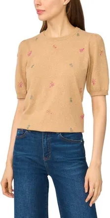 CeCe by Cynthia Steffe Beaded Short Sleeve Crewneck Sweater in Latte Heather at Nordstrom, Size Xx-Small