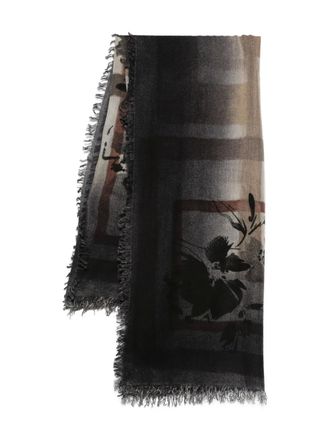 Faliero Sarti floral-print fringed scarf - women - Virgin Wool/Silk - One Size - Black