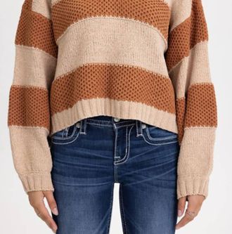 Miss Me Crochet Striped Sweater In Rust Brown