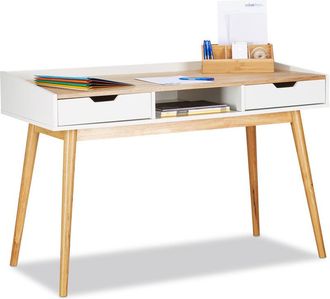 Relaxdays Scrivania, Design Scandinavo, 2 Cassetti, Tavolo Da Ufficio HxLxP: 76 x 120 x 55 cm ca., Legno, Bianco Marrone - Relaxdays
