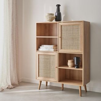 Sweeek Aparador efecto madera y ca&ntilde;a con 4 puertas, natural