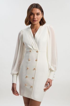 Karen Millen Womens Figure Form Woven Mix Military Button Blazer Knit Mini Dress - White - Size X-Small