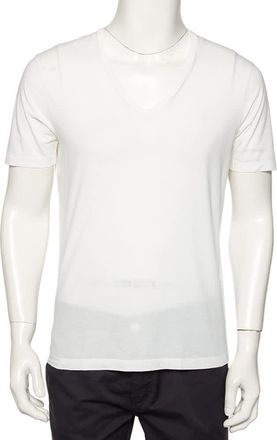 Emporio Armani White Logo Embroidered Cotton V-Neck T-Shirt
