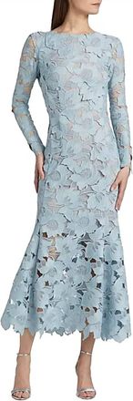 Oscar De La Renta Long Sleeve Peony Guipure Lace Cocktail Dress In Blue Quartz