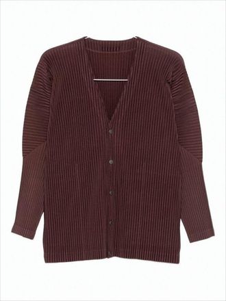 Homme Plissé Issey Miyake Button-Up Textured Cardigan With Deep V-Neckline And Vertical Pleats