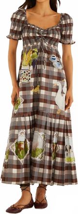 Farm Rio Country Table Tartan Midi Smocked Dress In Brown Multi