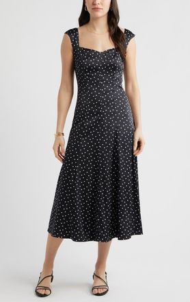 Chelsea28 Cap Sleeve Satin Midi Dress in Black Delilah Dot at Nordstrom, Size X-Small