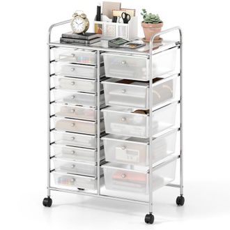 Costway 15-Drawer Rolling Storage Cart Utility Cart with Metal Frame Clear