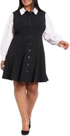 London Times Long Sleeve Twofer Scuba Fit & Flare Dress in Black at Nordstrom Rack, Size 1X