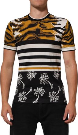 Dolce & Gabbana Multicolor Leopard Palm Leaf Men Crew Neck Mens T-shirt