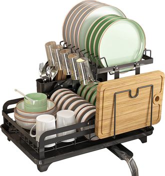 OEM Escurridor De Platos Plegable De 2 Niveles, Rejilla Met&aacute;lica Para Platos Con Bandeja, Soporte Para Utensilios Y Soporte Para Tabla De Cortar (negro)