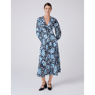 Ghost London Noa Floral Crepe V Neck Midi Dress in Blue Floral at Nordstrom, Size 16