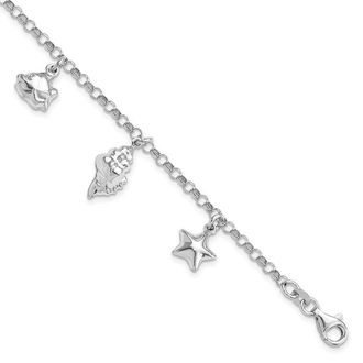 Diamond2Deal Sterling Silver Rhodium-plated Beach Theme Charm Bracelet 7