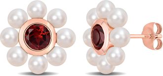 Mimi & Max 3.5-4mm Freshwater Cultured Pearl and 1 1/5 CT TGW Garnet Floral Stud Earrings in 10k Rose Gold
