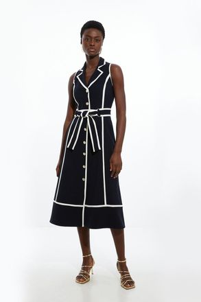 Karen Millen Petite Fluid Tailored Sleeveless Belted Contrast Tipped Midaxi Shirt Dress