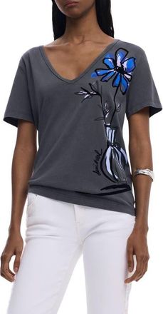 Desigual Floral V-Neck Cotton Graphic T-Shirt in Faded Black at Nordstrom, Size X-Large