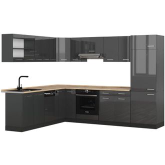 Vicco Cocina esquinera R-Line, Antracita brillo intenso/antracita, 227 x 287 cm, et Roble