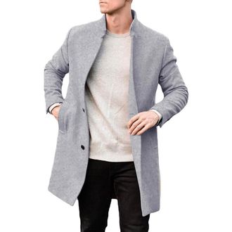 Generic Mens Pea Coat Stand Collar Wool Blend Trench Coat Classic Slim-Fit Vintage Single Breasted Winter Overcoat Classic Trenchcoat with Pockets Business Wa