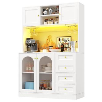 Merax Kitchen Dresser with LED, Wine Glass Rack, 3 Drawers & Coffee Station in White