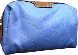 Gucci Brown Light Blue Nylon Leather Clutch Bag Wash Bag (Pre-Owned)