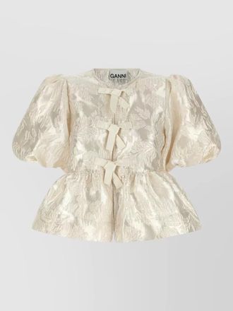 Ganni peplum blouse bow detail floral texture