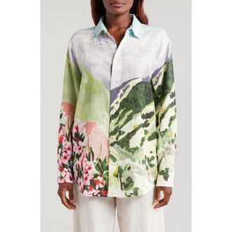 Desmond & Dempsey Landscape Linen Pajama Button-Up Shirt in Hutte Placed Multi at Nordstrom Rack, Size Small