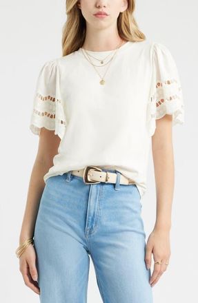 Treasure & Bond Flutter Sleeve Eyelet Top in Ivory Egret at Nordstrom, Size Xx-Small