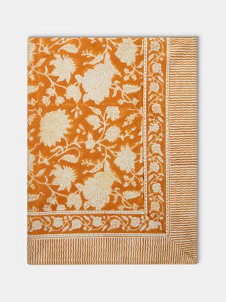 Chamois Indian Rose Block-Printed Cotton Rectangular Tablecloth (106.5in/2.7m)