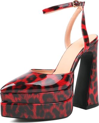 Generic Womens 15cm Ultra High Heel Sandals 5cm Platform Pointed Toe Leopard Print PU Patent Leather Slip-Resistant Sole Sexy Open-Back Design Extended Sizes,