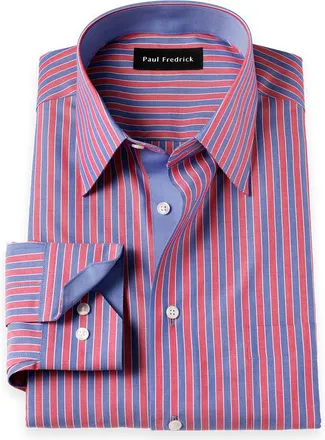 Paul Fredrick Cotton Point Collar Poplin Classic Contrast Trim Button Cuff Long Sleeve in Blue/red at Nordstrom, Size 17 X 36