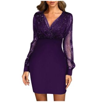 Generic Glitter Dress Cocktail Dresses for Women Sequin Partydress V Neck Bodycon Dresses Sequin Mesh Long Sleeves Dress Evening Cocktail Glitter High Waist A