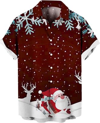 Generic Christmas Shirts For Men Uk Funny Santa Snowman Print Xmas Shirt Short Sleeves MenS Christmas Casual Print Lapel Button-Down Shirt Topreindeer Elk 3D 