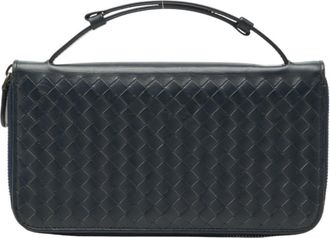 Bottega Veneta Intrecciato Navy Leather Long Wallet (Bi-Fold) (Pre-Owned)