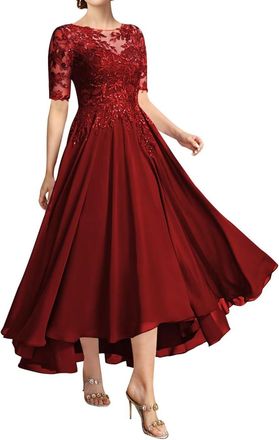 Generic Wine Red Mother of The Bride Dresses Tea Length Lace Applique Chiffon Formal Evening Gown with Short Sleeves Wedding Guest Dress for Women 14