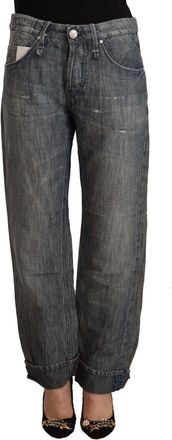 Acht Washed Ramie Straight blue Folded Hem Womens Jeans